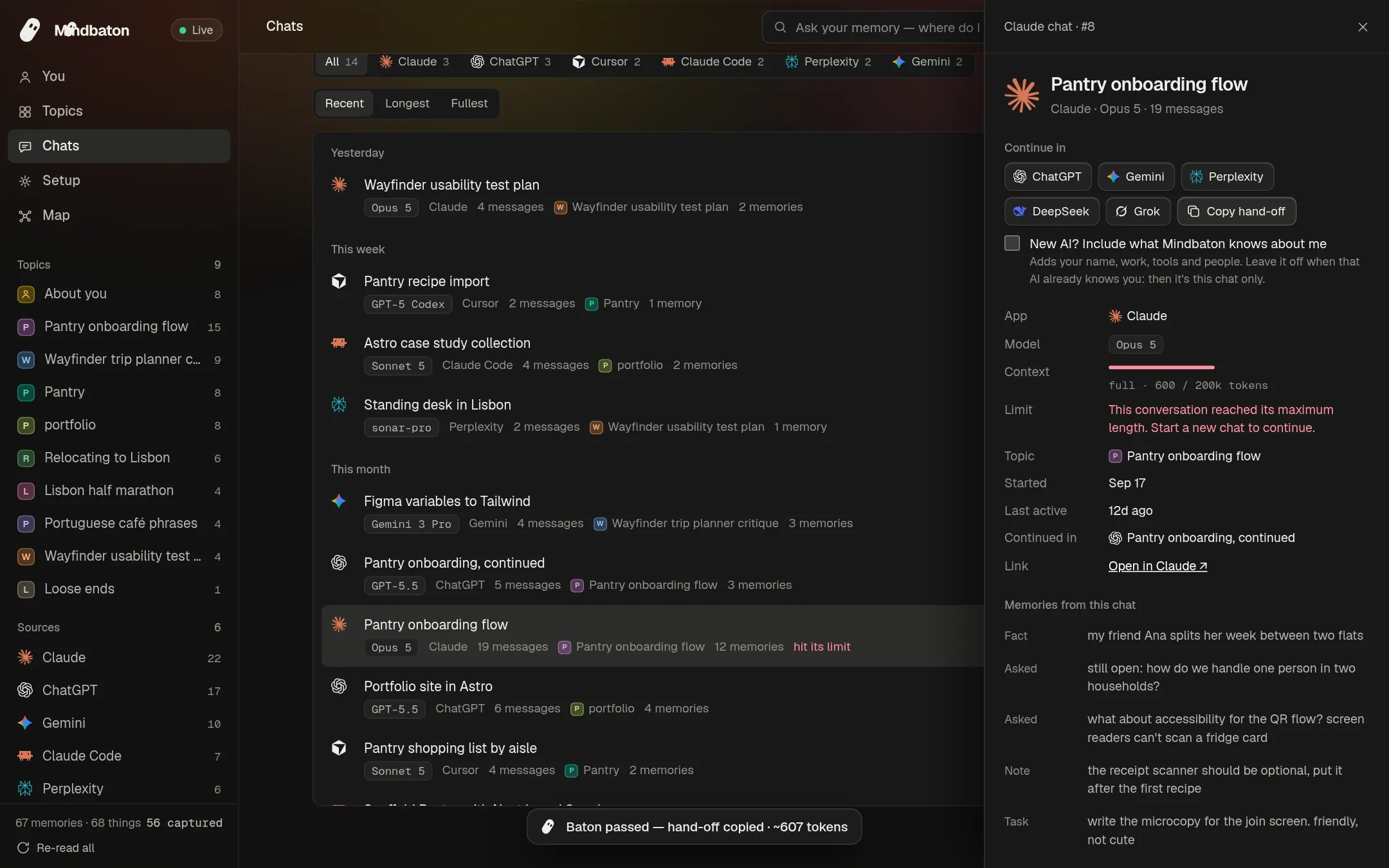 A long chat packed into a hand-off for another AI to continue.