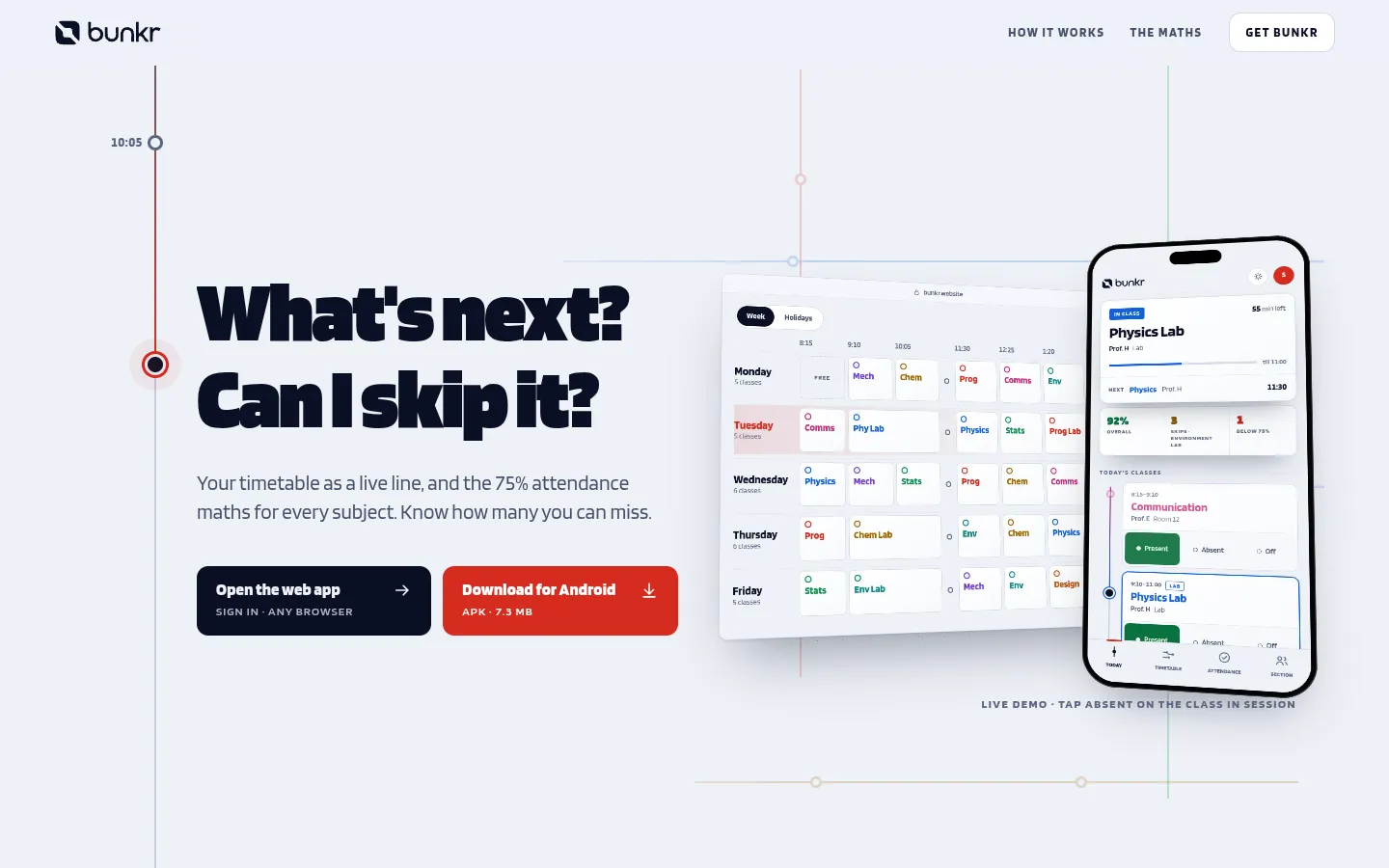 The bunkr.website home page with the headline "What's next? Can I skip it?" beside a timetable and a phone.